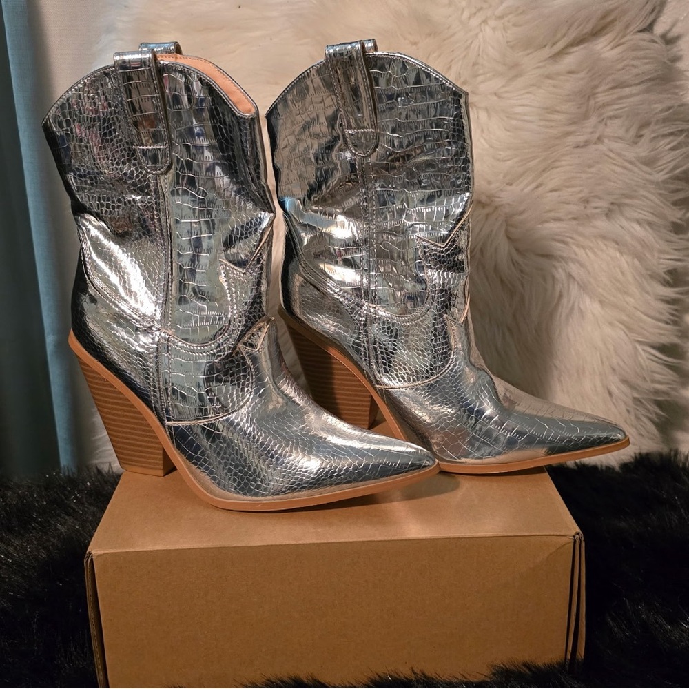 Fashion Nova Silver Heeled Boots with Western Flair